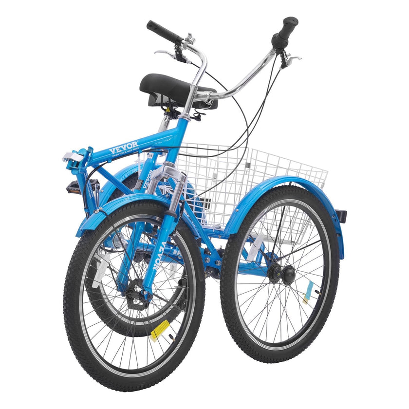 VEVOR Folding Adult Tricycle, 24-Inch 7-Speed Adult Folding Trikes, Carbon Steel 3 Wheel Cruiser Bike with Basket & Adjustable Seat, Shopping Picnic Foldable Tricycles for Women, Men, Seniors (Blue)