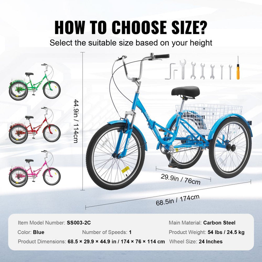 VEVOR Folding Adult Tricycle, 24-Inch Adult Folding Trikes, Carbon Steel 3 Wheel Cruiser Bike with Large Basket & Adjustable Seat, Shopping Picnic Foldable Tricycles for Women, Men, Seniors (Blue)