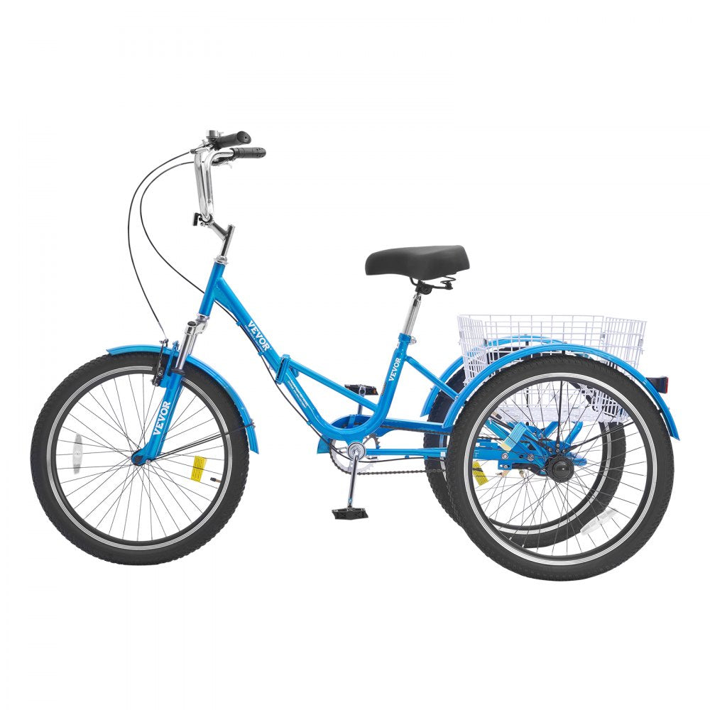 VEVOR Folding Adult Tricycle, 24-Inch Adult Folding Trikes, Carbon Steel 3 Wheel Cruiser Bike with Large Basket & Adjustable Seat, Shopping Picnic Foldable Tricycles for Women, Men, Seniors (Blue)