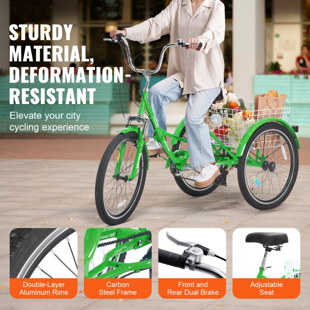 VEVOR Folding Adult Tricycle, 24-Inch 7-Speed Adult Folding Trikes, Carbon Steel 3 Wheel Cruiser Bike with Basket & Adjustable Seat, Shopping Picnic Foldable Tricycles for Women, Men, Seniors (Green)