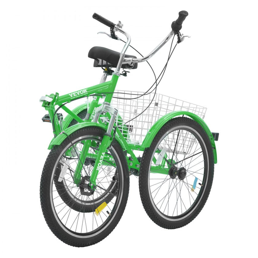 VEVOR Folding Adult Tricycle, 24-Inch 7-Speed Adult Folding Trikes, Carbon Steel 3 Wheel Cruiser Bike with Basket & Adjustable Seat, Shopping Picnic Foldable Tricycles for Women, Men, Seniors (Green)