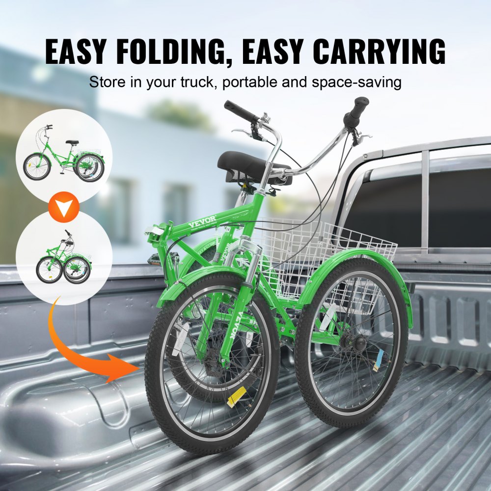 VEVOR Folding Adult Tricycle, 26-Inch 7-Speed Adult Folding Trikes, Carbon Steel 3 Wheel Cruiser Bike with Basket & Adjustable Seat, Shopping Picnic Foldable Tricycles for Women, Men, Seniors (Green)