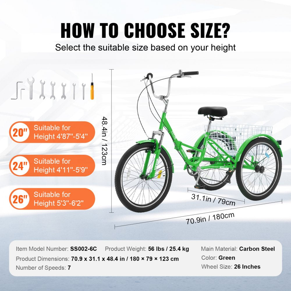 VEVOR Folding Adult Tricycle, 26-Inch 7-Speed Adult Folding Trikes, Carbon Steel 3 Wheel Cruiser Bike with Basket & Adjustable Seat, Shopping Picnic Foldable Tricycles for Women, Men, Seniors (Green)