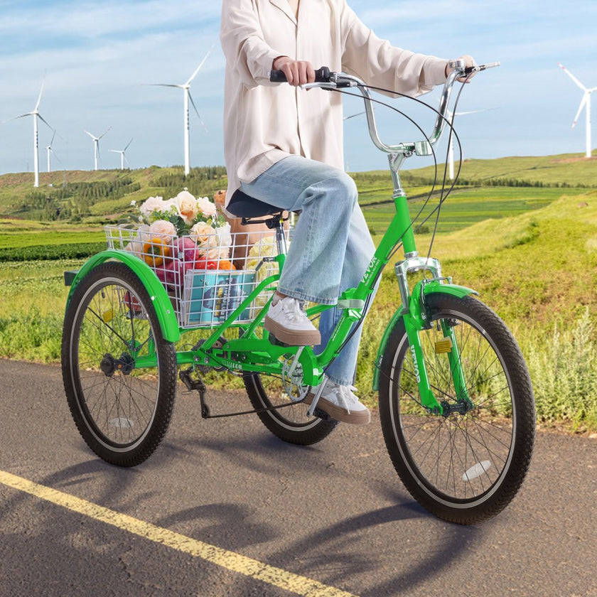 VEVOR Folding Adult Tricycle, 26-Inch 7-Speed Adult Folding Trikes, Carbon Steel 3 Wheel Cruiser Bike with Basket & Adjustable Seat, Shopping Picnic Foldable Tricycles for Women, Men, Seniors (Green)
