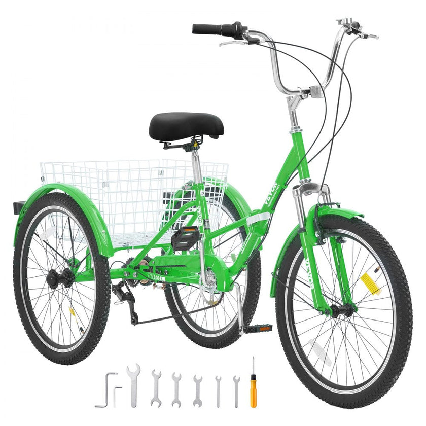 VEVOR Folding Adult Tricycle, 26-Inch 7-Speed Adult Folding Trikes, Carbon Steel 3 Wheel Cruiser Bike with Basket & Adjustable Seat, Shopping Picnic Foldable Tricycles for Women, Men, Seniors (Green)