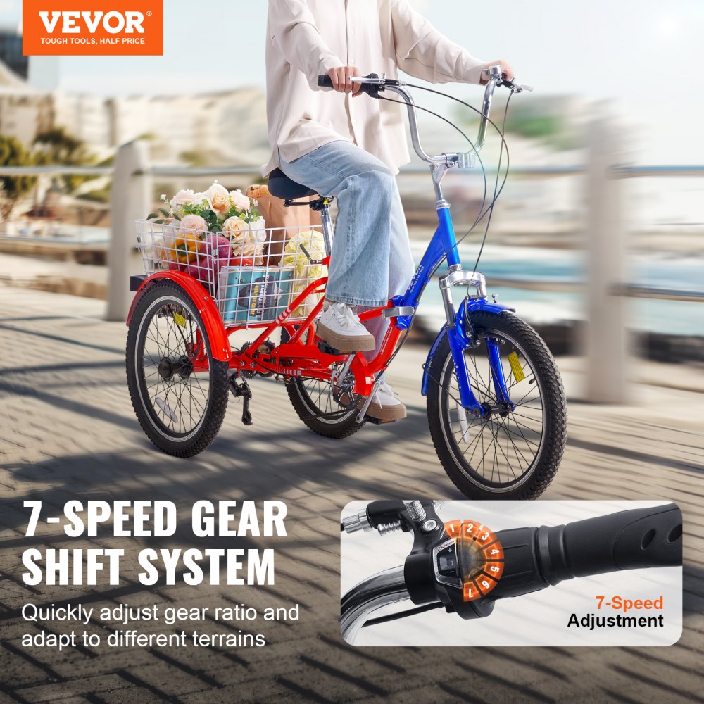 VEVOR Folding Adult Tricycle, 20-Inch 7-Speed Adult Folding Trikes, Carbon Steel 3 Wheel Cruiser Bike with Large Basket & Adjustable Seat, Shopping Picnic Foldable Tricycles for Women, Men, Seniors