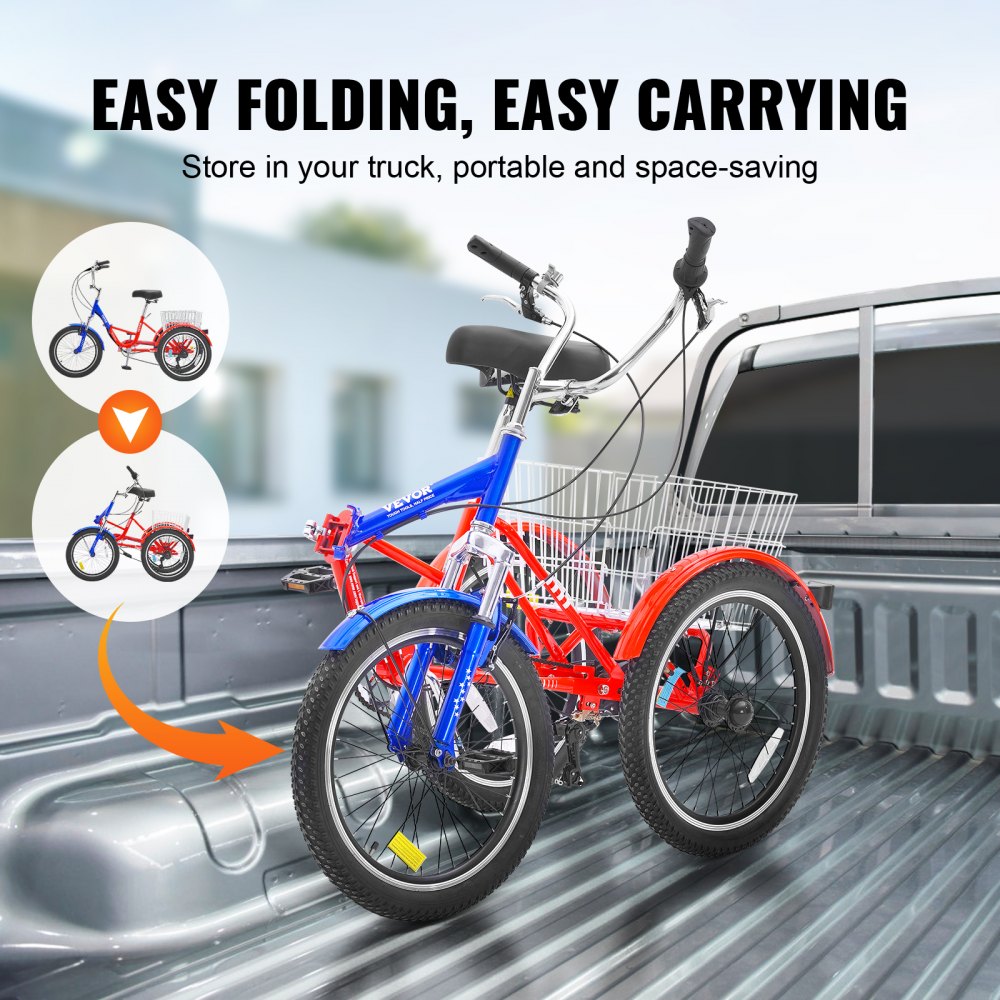 VEVOR Folding Adult Tricycle, 20-Inch 7-Speed Adult Folding Trikes, Carbon Steel 3 Wheel Cruiser Bike with Large Basket & Adjustable Seat, Shopping Picnic Foldable Tricycles for Women, Men, Seniors