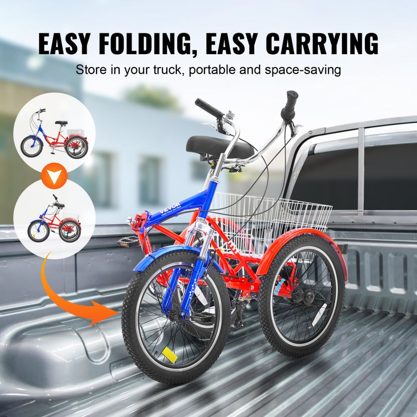 VEVOR Folding Adult Tricycle, 20-Inch 7-Speed Adult Folding Trikes, Carbon Steel 3 Wheel Cruiser Bike with Large Basket & Adjustable Seat, Shopping Picnic Foldable Tricycles for Women, Men, Seniors