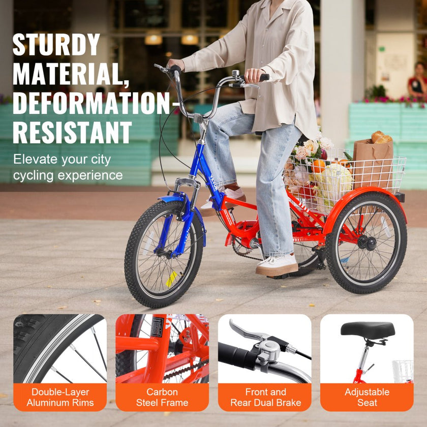 VEVOR Folding Adult Tricycle, 20-Inch 7-Speed Adult Folding Trikes, Carbon Steel 3 Wheel Cruiser Bike with Large Basket & Adjustable Seat, Shopping Picnic Foldable Tricycles for Women, Men, Seniors