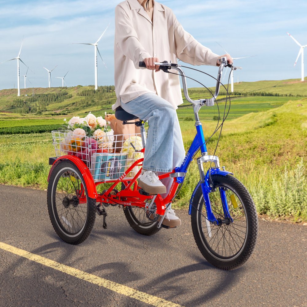 VEVOR Folding Adult Tricycle, 20-Inch 7-Speed Adult Folding Trikes, Carbon Steel 3 Wheel Cruiser Bike with Large Basket & Adjustable Seat, Shopping Picnic Foldable Tricycles for Women, Men, Seniors