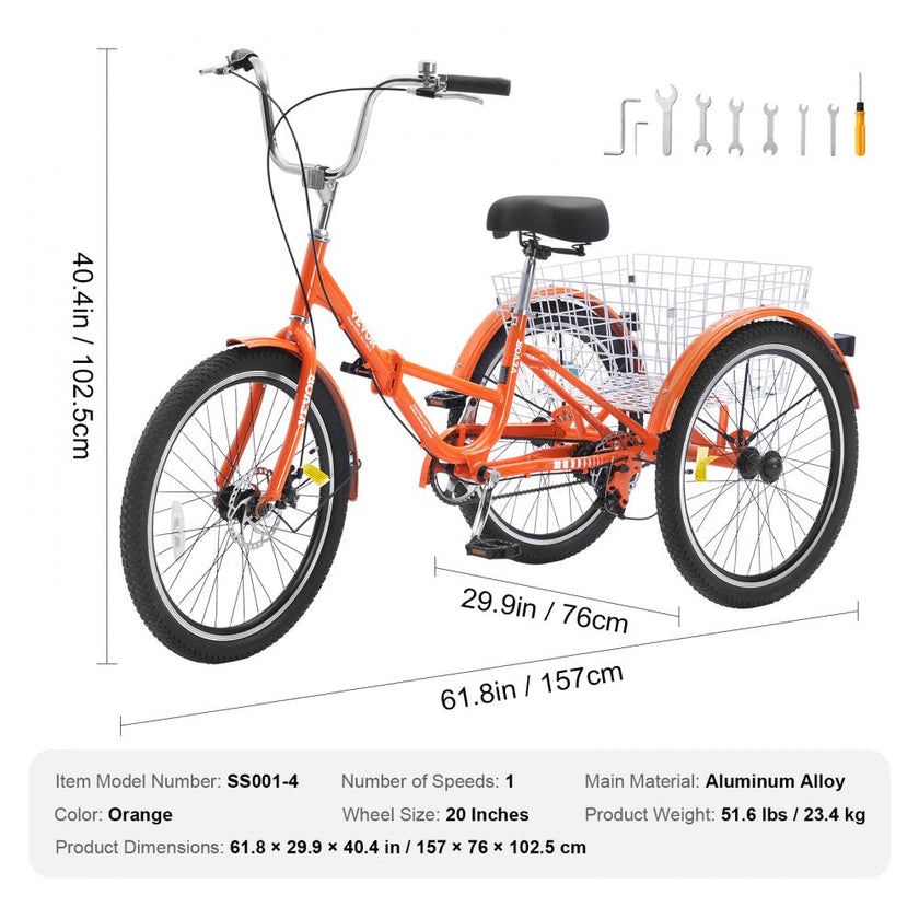 VEVOR Folding Adult Tricycle, 20-Inch Adult Folding Trikes, Lightweight Aluminum Alloy 3 Wheel Cruiser Bike with Large Rear Basket, Shopping Picnic Foldable Tricycles for Adults, Women, Men, Seniors