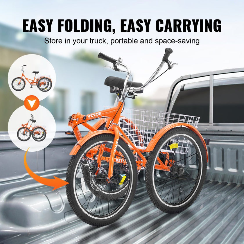 VEVOR Folding Adult Tricycle, 24-Inch Adult Folding Trikes, Lightweight Aluminum Alloy 3 Wheel Cruiser Bike with Large Rear Basket, Shopping Picnic Foldable Tricycles for Adults, Women, Men, Seniors