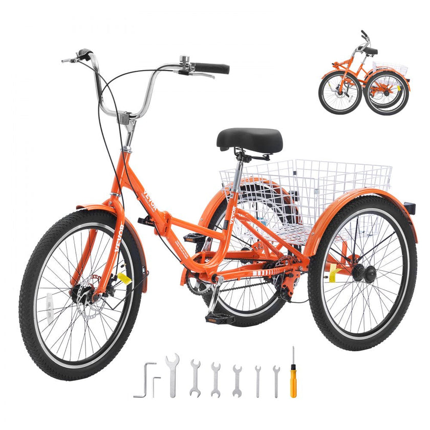 VEVOR Folding Adult Tricycle, 24-Inch Adult Folding Trikes, Lightweight Aluminum Alloy 3 Wheel Cruiser Bike with Large Rear Basket, Shopping Picnic Foldable Tricycles for Adults, Women, Men, Seniors