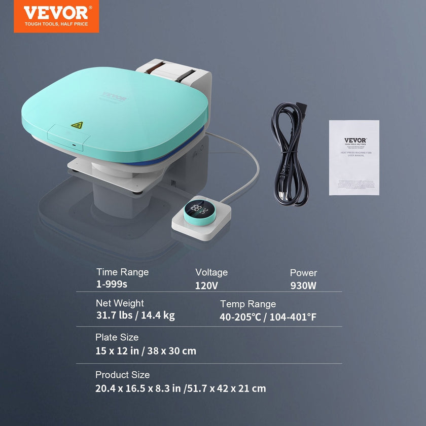 VEVOR Auto Heat Press, Smart Heat Press Machine for T-Shirts, Knob Design Easy Press, Large Mica Heat Plate, Heat Up Fast, Professional Heat Press for Sublimation, Vinyl, Heat Transfer Projects 15x12