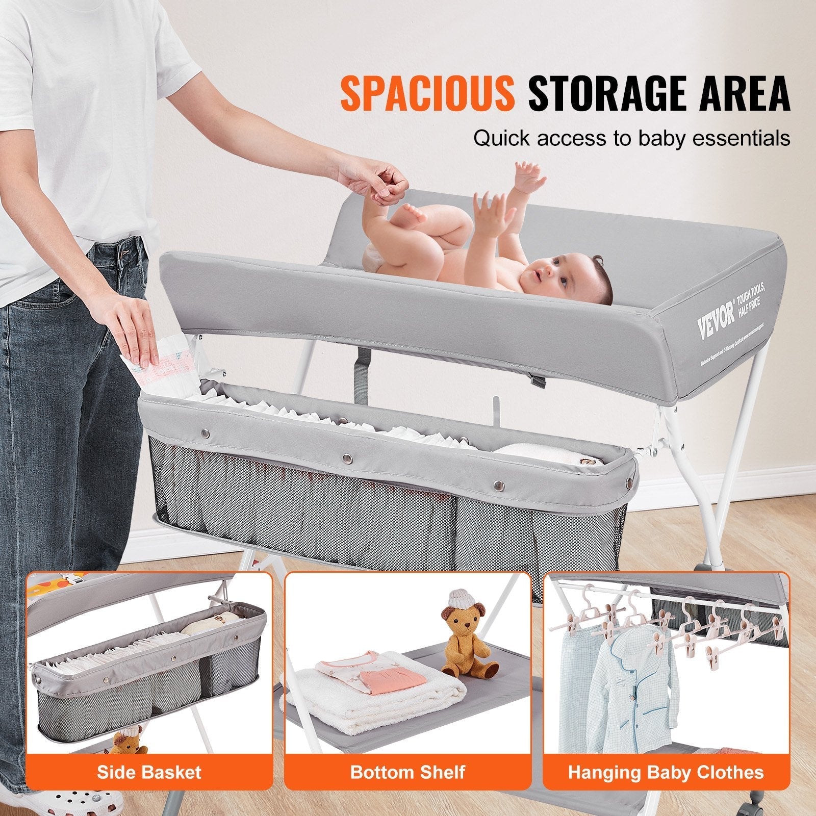 VEVOR Baby Changing Table, Folding Diaper Changing Station with Lockable Wheels, Portable Changing Table 3-level Adjustable Heights, with Storage Basket & Hanging Racks for Newborns & Infant