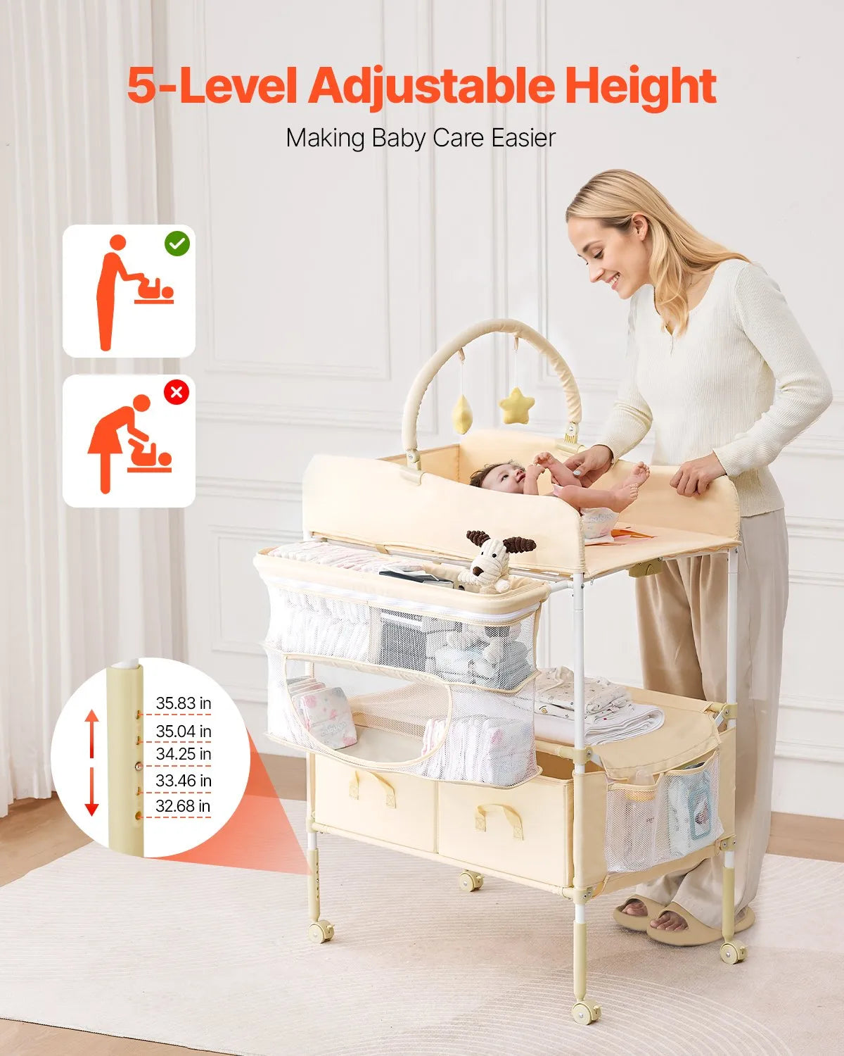 VEVOR Foldable Baby Changing Diaper Station with Side Basket & Hanging Rod Beige