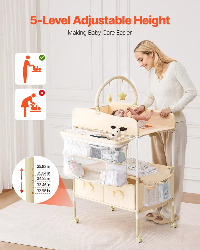 VEVOR Foldable Baby Changing Diaper Station with Side Basket & Hanging Rod Beige