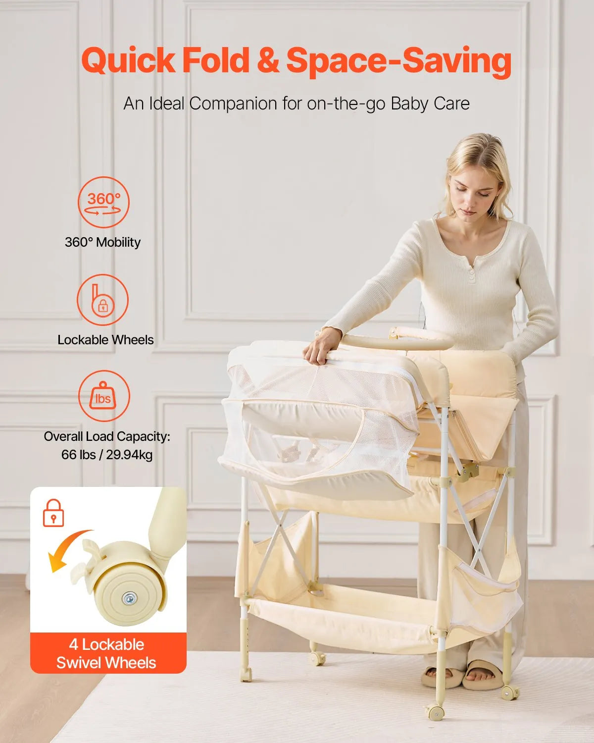 VEVOR Foldable Baby Changing Diaper Station with Side Basket & Hanging Rod Beige