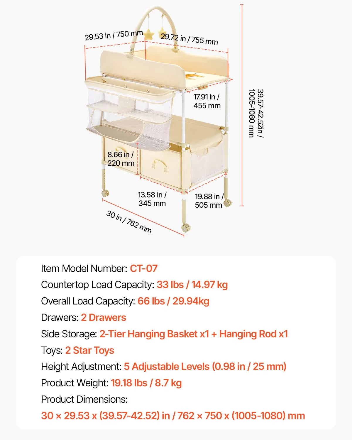 VEVOR Foldable Baby Changing Diaper Station with Side Basket & Hanging Rod Beige