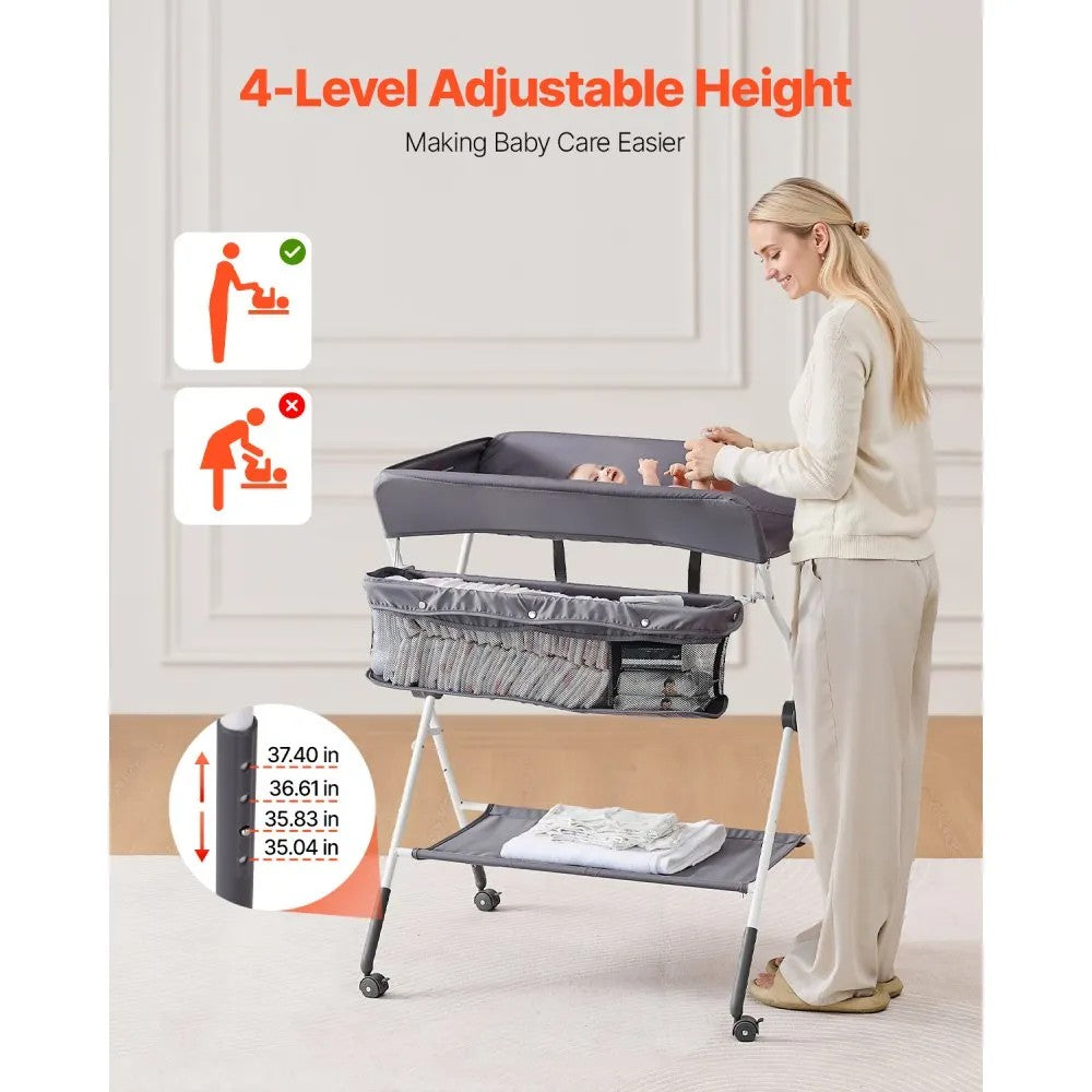 VEVOR Foldable Baby Changing Diaper Station with Side Basket & Wheels Dark Gray