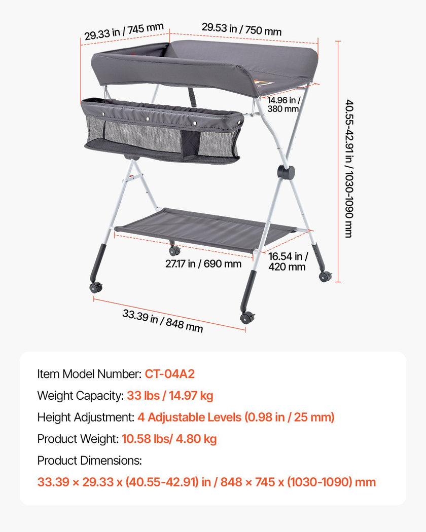 VEVOR Foldable Baby Changing Diaper Station with Side Basket & Wheels Dark Gray