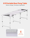 8 Foot Portable Beer Pong Table – Folding Tailgate Table with Cup Holes, Dry Erase Markers & Carrying Handles – White
