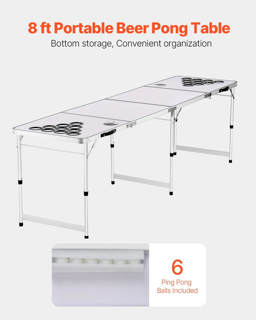 8 Foot Portable Beer Pong Table – Folding Tailgate Table with Cup Holes, Dry Erase Markers & Carrying Handles – White