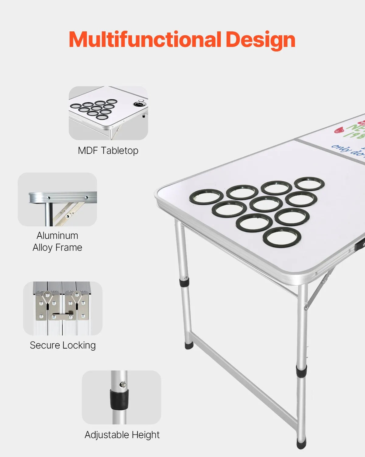 8 Foot Portable Beer Pong Table – Folding Tailgate Table with Cup Holes, Dry Erase Markers & Carrying Handles – White