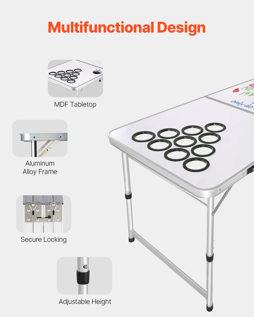 8 Foot Portable Beer Pong Table – Folding Tailgate Table with Cup Holes, Dry Erase Markers & Carrying Handles – White