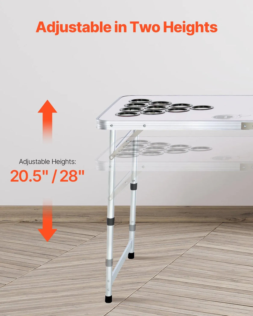 8 Foot Portable Beer Pong Table – Folding Tailgate Table with Cup Holes, Dry Erase Markers & Carrying Handles – White