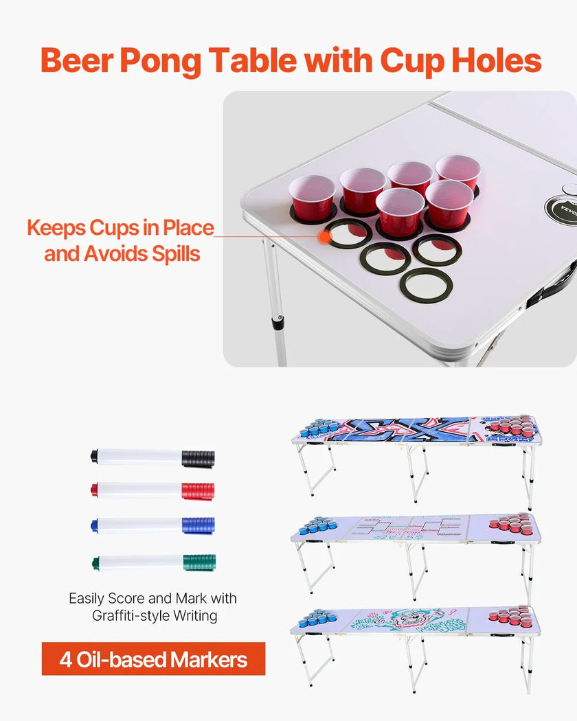 8 Foot Portable Beer Pong Table – Folding Tailgate Table with Cup Holes, Dry Erase Markers & Carrying Handles – White