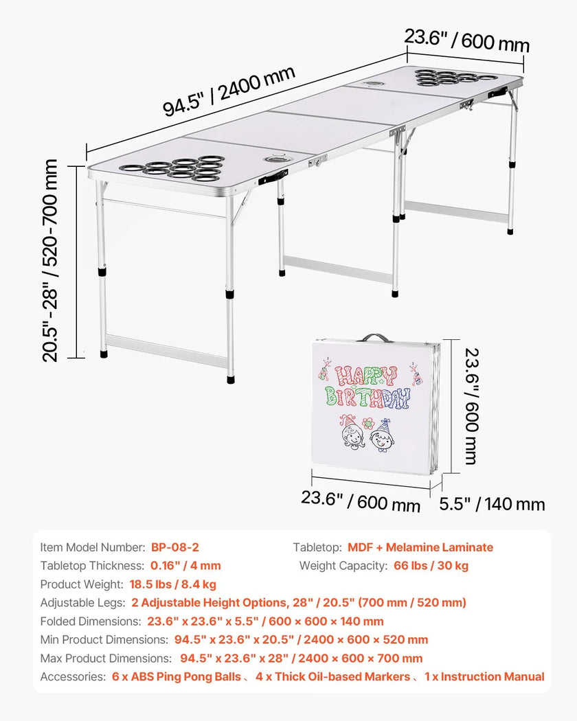 8 Foot Portable Beer Pong Table – Folding Tailgate Table with Cup Holes, Dry Erase Markers & Carrying Handles – White
