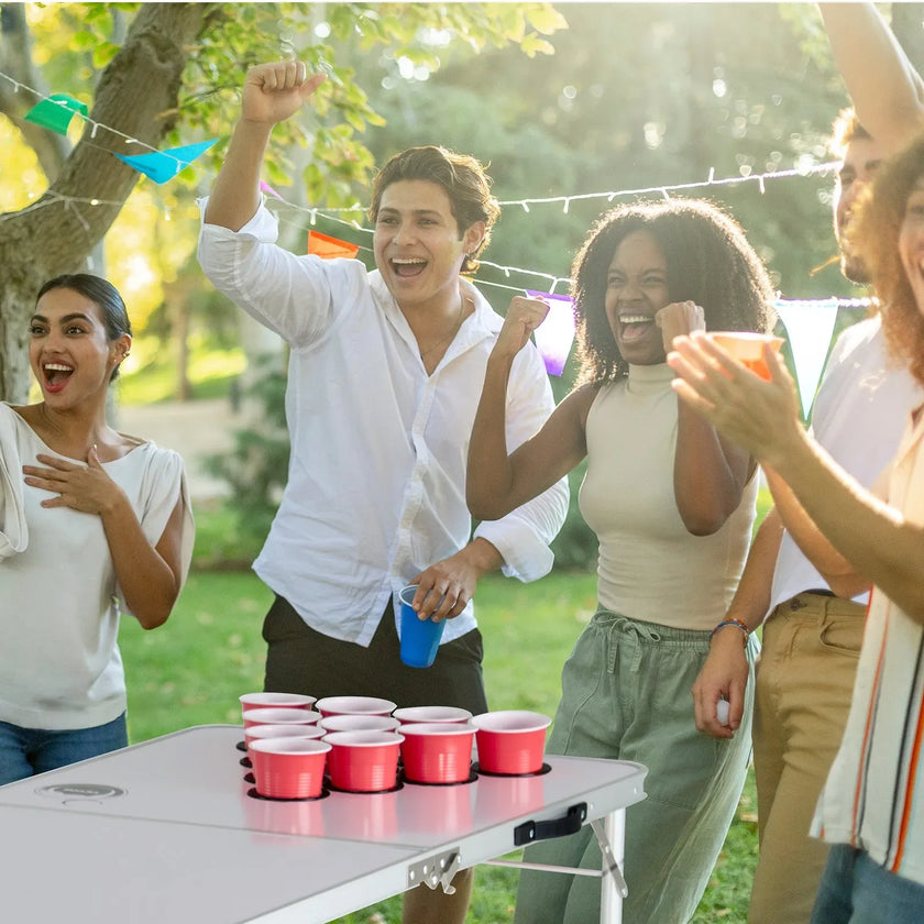 8 Foot Portable Beer Pong Table – Folding Tailgate Table with Cup Holes, Dry Erase Markers & Carrying Handles – White