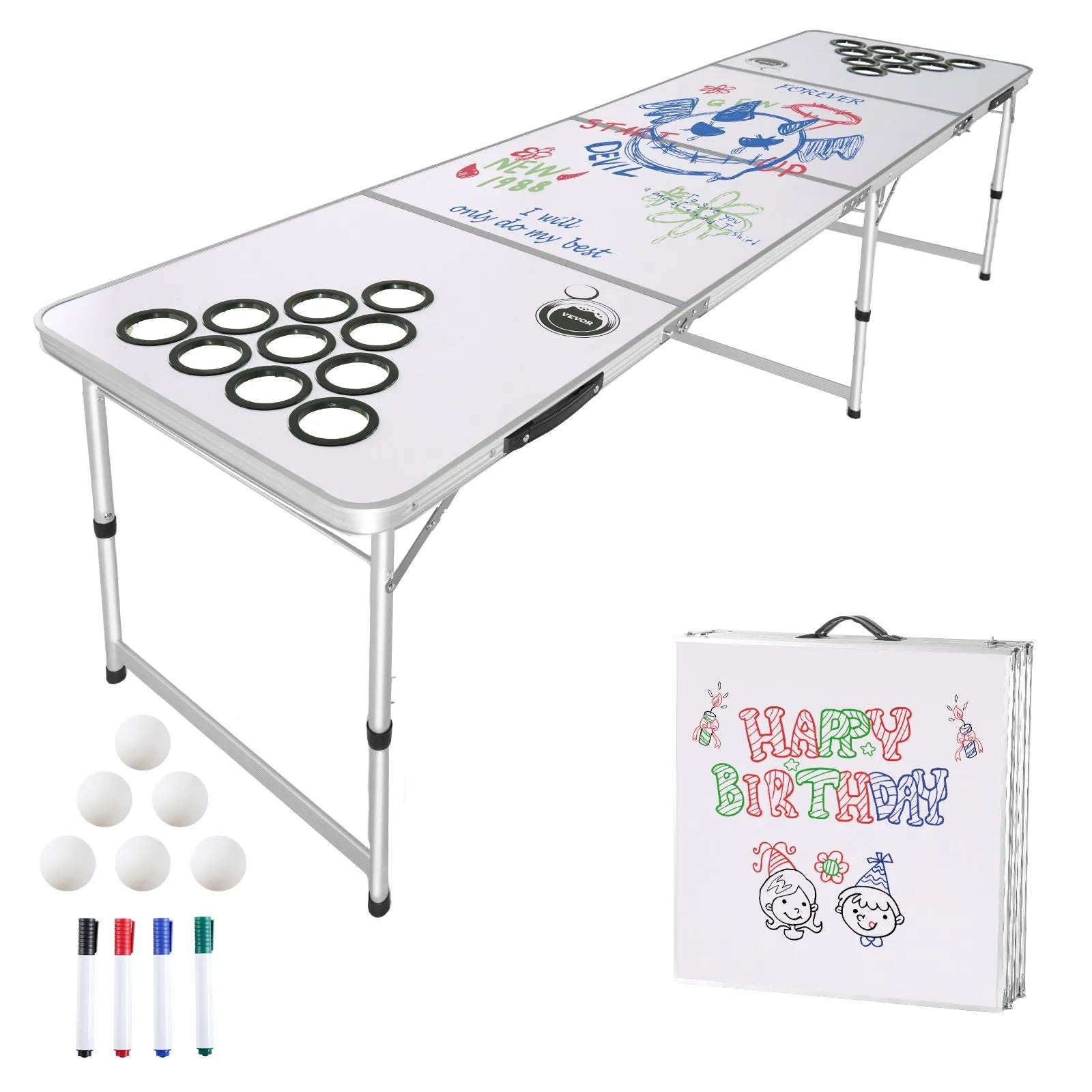 8 Foot Portable Beer Pong Table – Folding Tailgate Table with Cup Holes, Dry Erase Markers & Carrying Handles – White