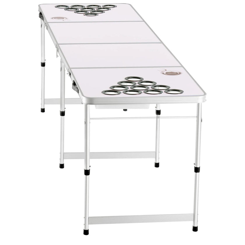8 Foot Portable Beer Pong Table – Folding Tailgate Table with Cup Holes, Dry Erase Markers & Carrying Handles – White