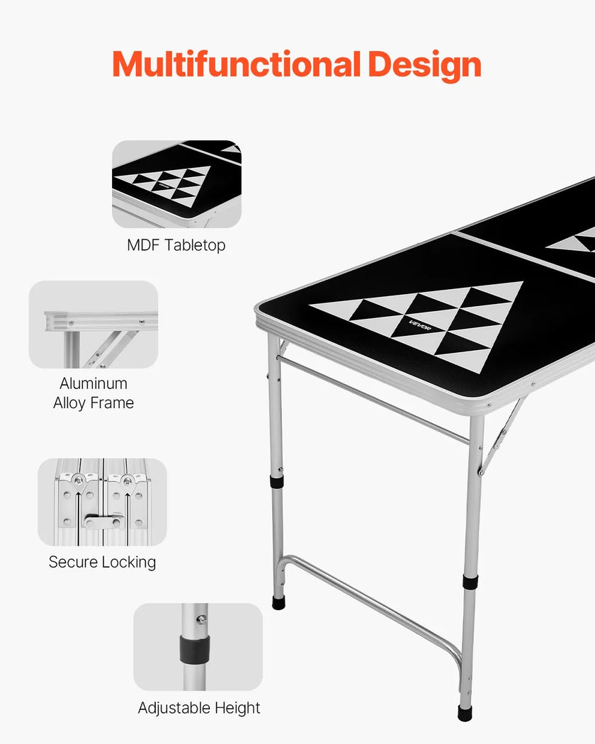 8 Foot Portable Beer Pong Table – Foldable Tailgate Table with Carrying Handles, 6 Pong Balls & Adjustable Height – Black