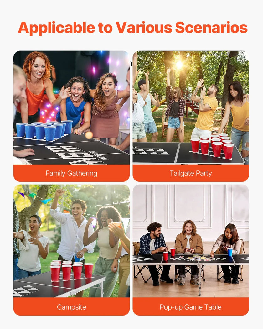 8 Foot Portable Beer Pong Table – Foldable Tailgate Table with Carrying Handles, 6 Pong Balls & Adjustable Height – Black