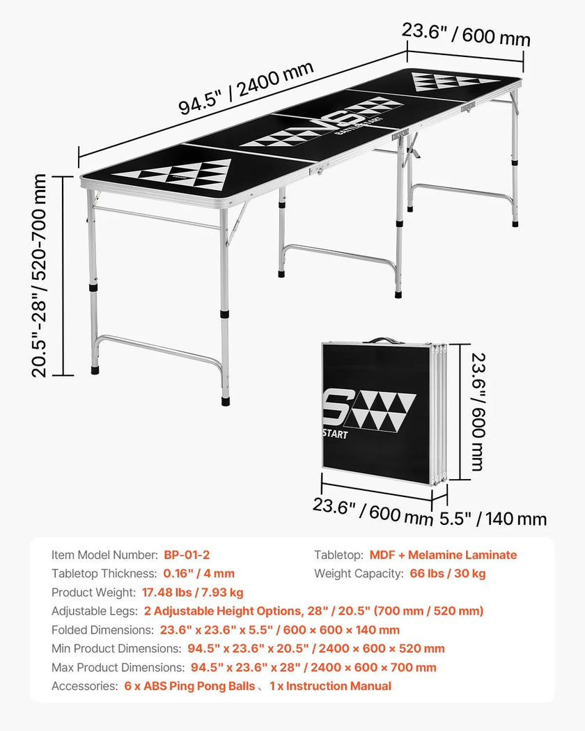 8 Foot Portable Beer Pong Table – Foldable Tailgate Table with Carrying Handles, 6 Pong Balls & Adjustable Height – Black