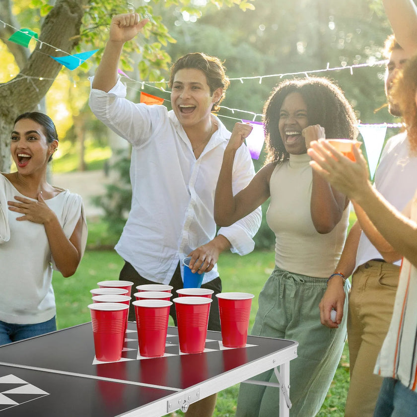 8 Foot Portable Beer Pong Table – Foldable Tailgate Table with Carrying Handles, 6 Pong Balls & Adjustable Height – Black