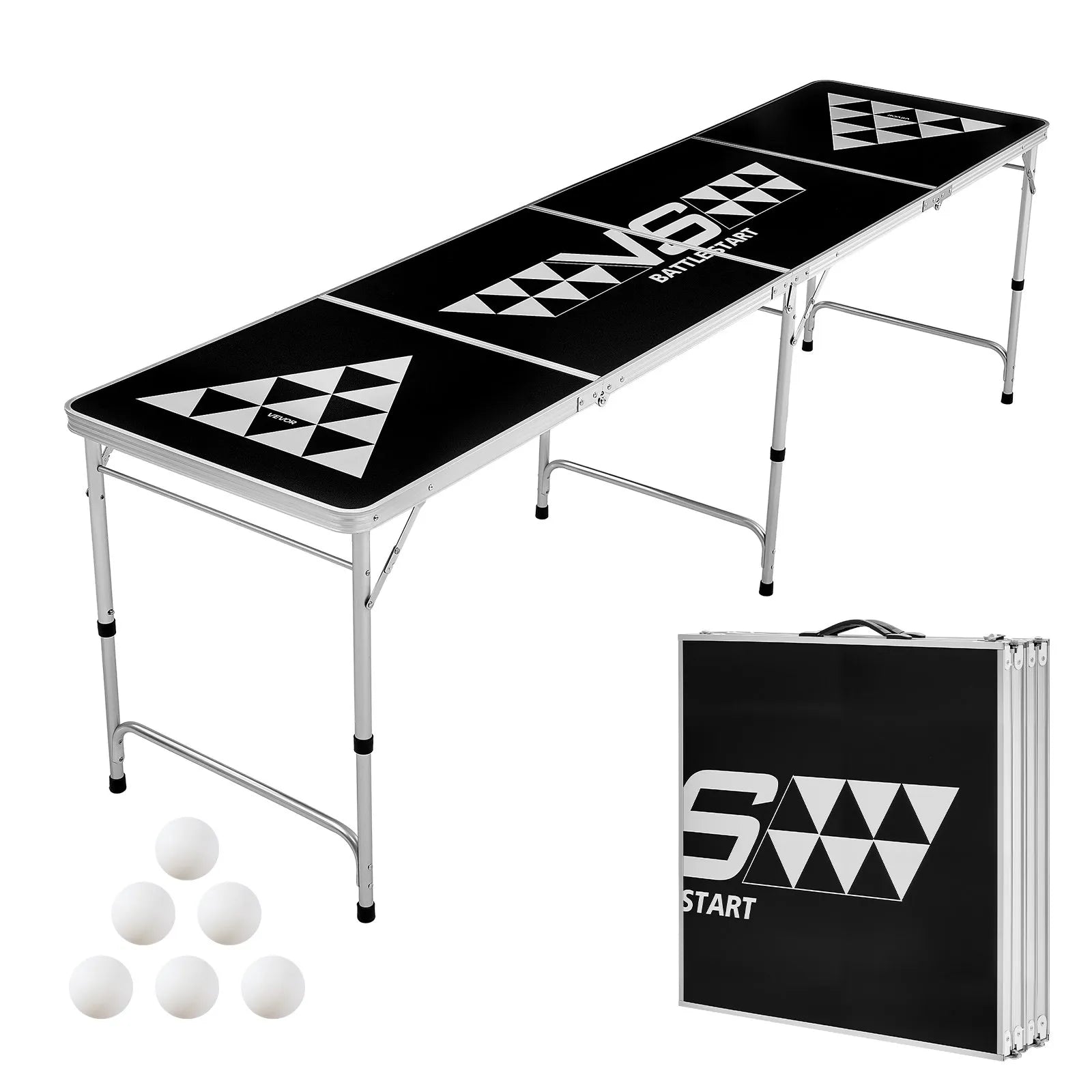 8 Foot Portable Beer Pong Table – Foldable Tailgate Table with Carrying Handles, 6 Pong Balls & Adjustable Height – Black