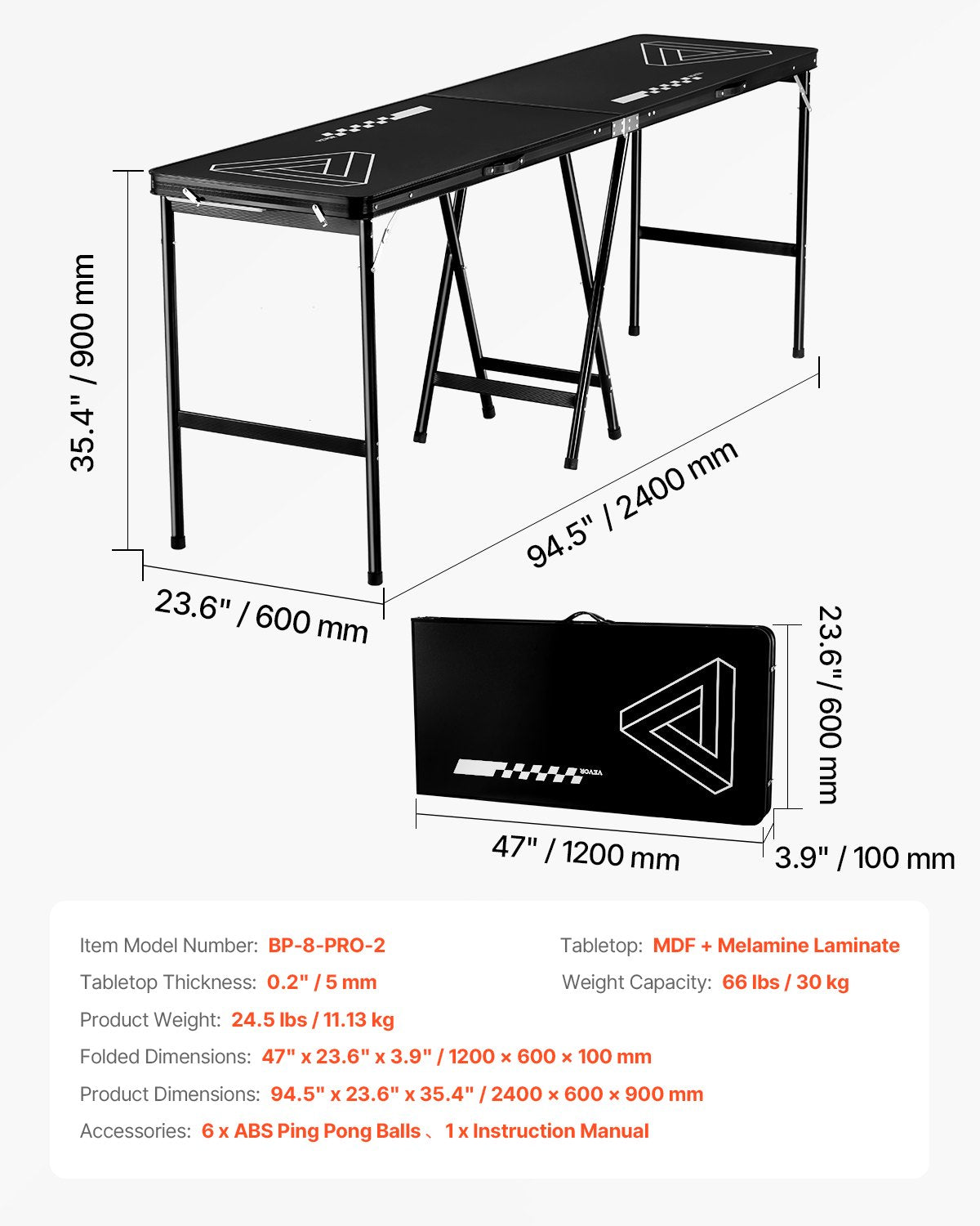 VEVOR 8' Portable Beer Pong Tailgate Table Party Drinking Game Carrying Handle