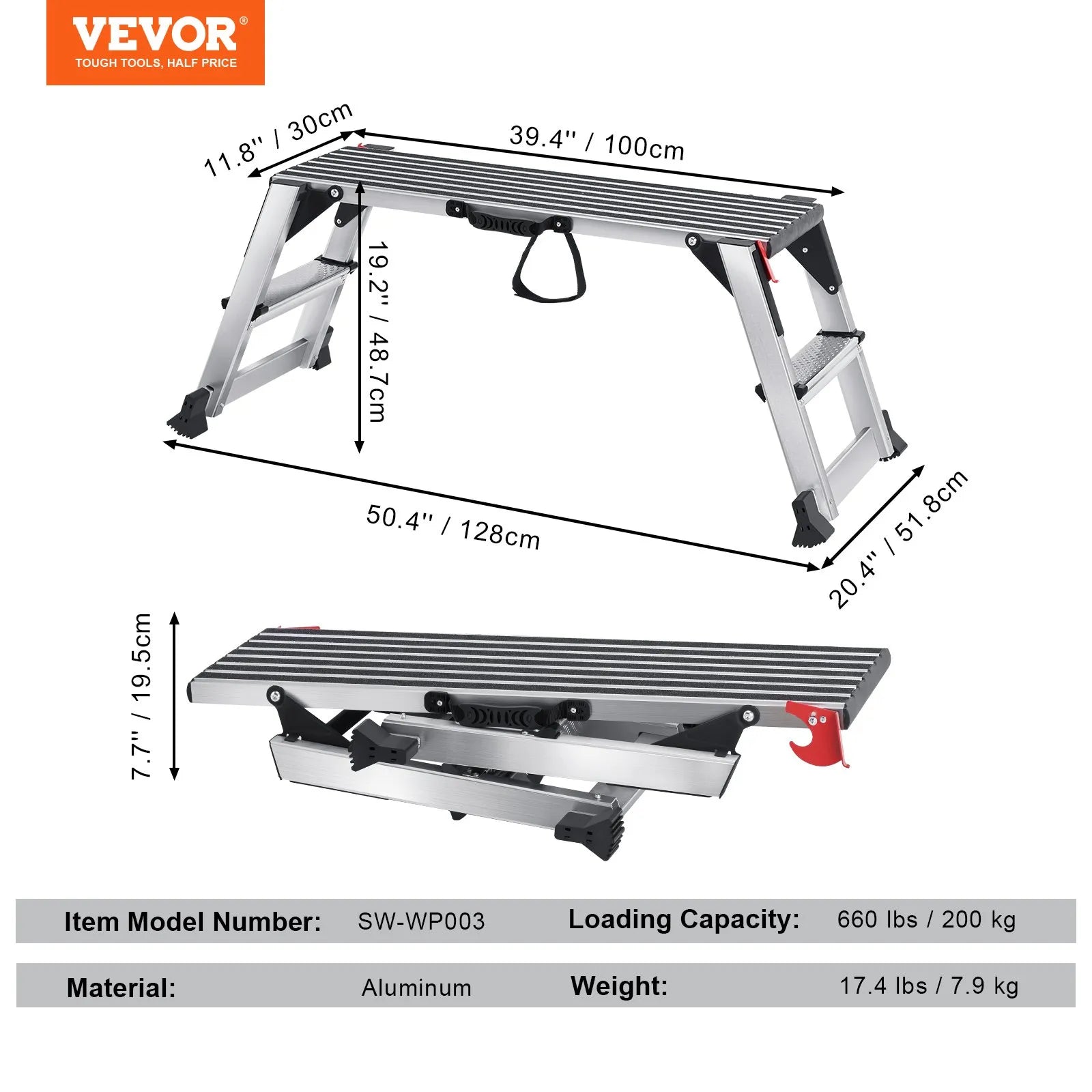VEVOR Folding Work Platform, 660 lbs Load Capacity, Aluminum Drywall Stool Ladder, Heavy Duty Work Bench w/ Non-Slip Feet, Ideal for Washing Vehicles, Cleaning, Painting, Decorating