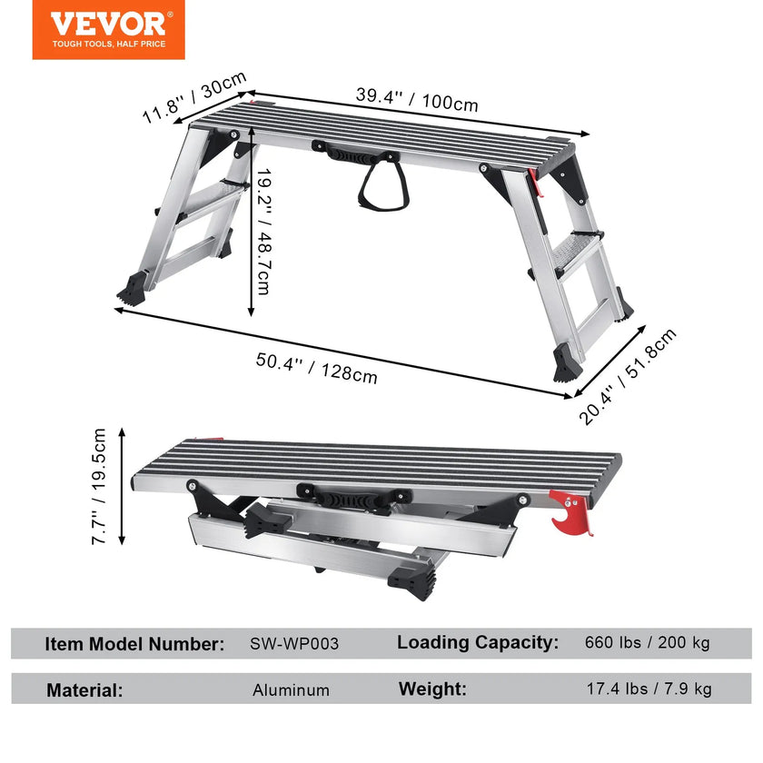 VEVOR Folding Work Platform, 660 lbs Load Capacity, Aluminum Drywall Stool Ladder, Heavy Duty Work Bench w/ Non-Slip Feet, Ideal for Washing Vehicles, Cleaning, Painting, Decorating