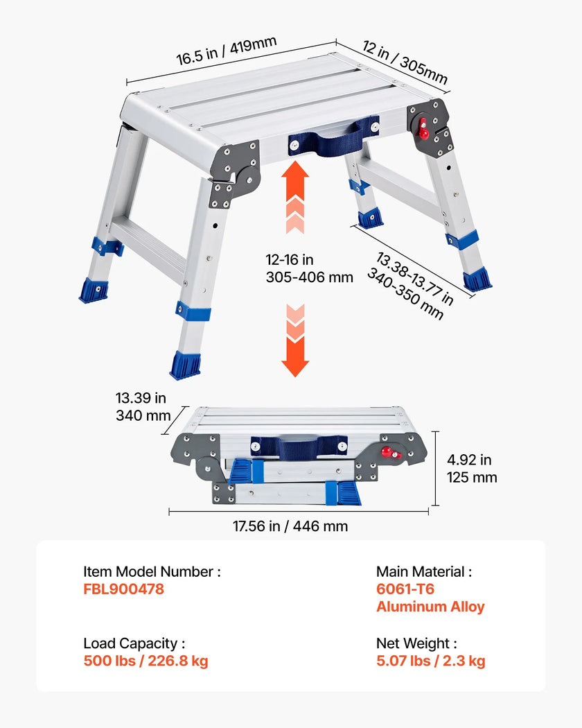Folding Work Platform – Adjustable Height Aluminum Step Stool & Portable Work Bench, 500 lb Capacity