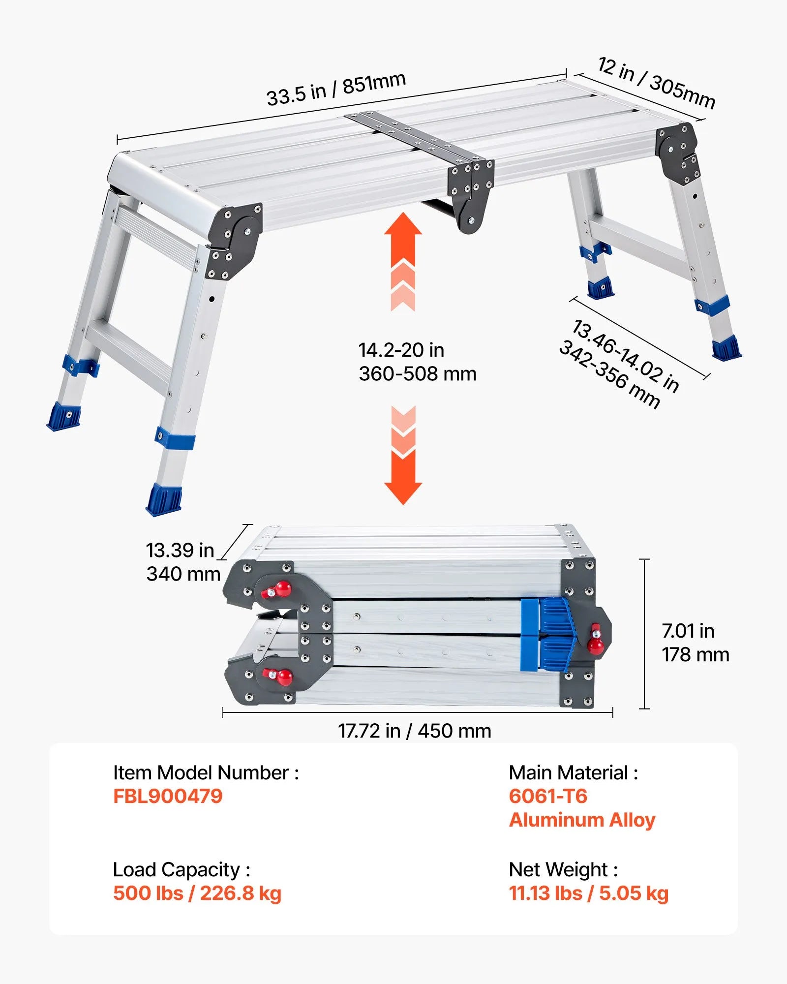 Folding Work Platform – Adjustable Height Aluminum Step Stool & Portable Work Bench, 500 lb Capacity