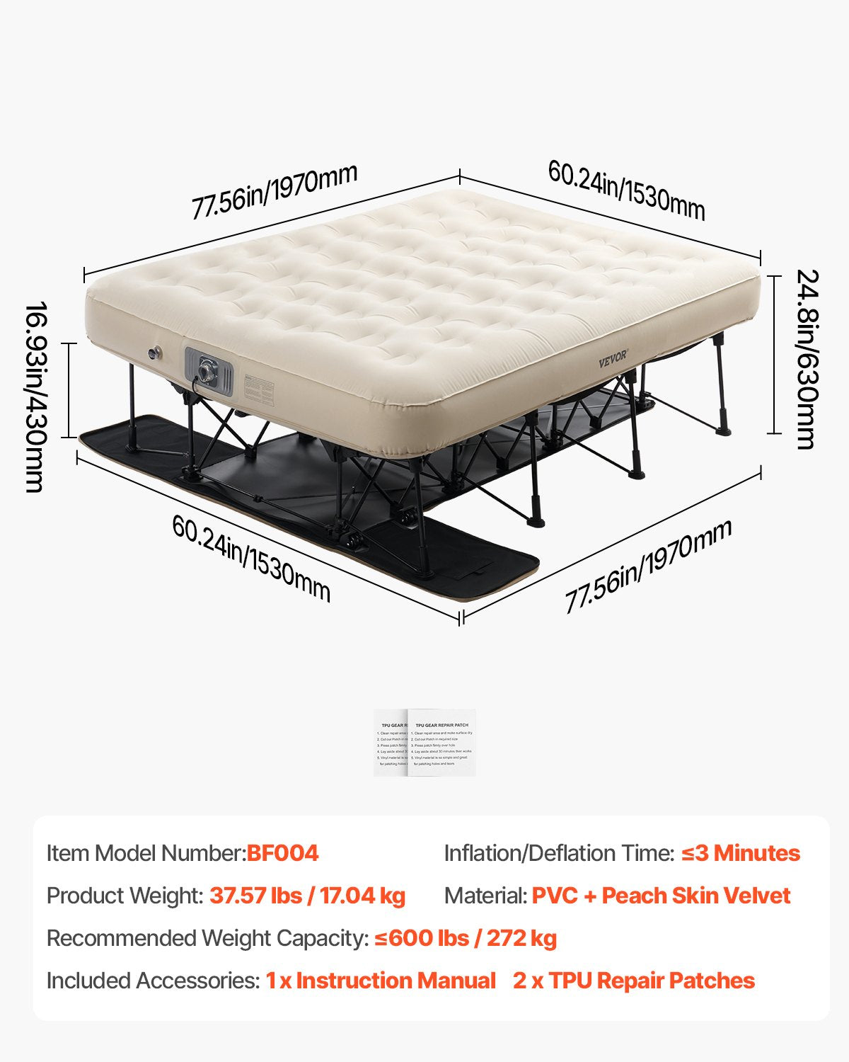 VEVOR Air Mattress with Frame & Pump 2 Person Inflatable Camping Cot 600lbs