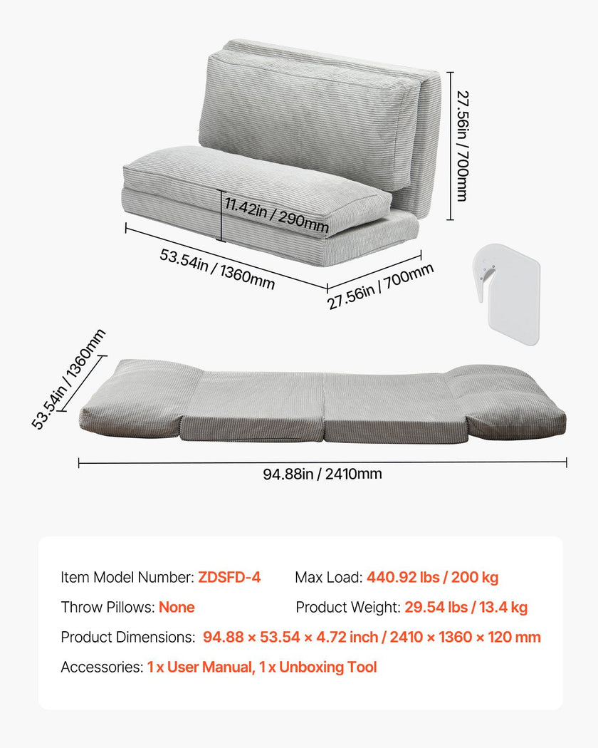 VEVOR Folding Sofa Bed Foldable Couch Bed with Washable Cover Dark Grey (Full)