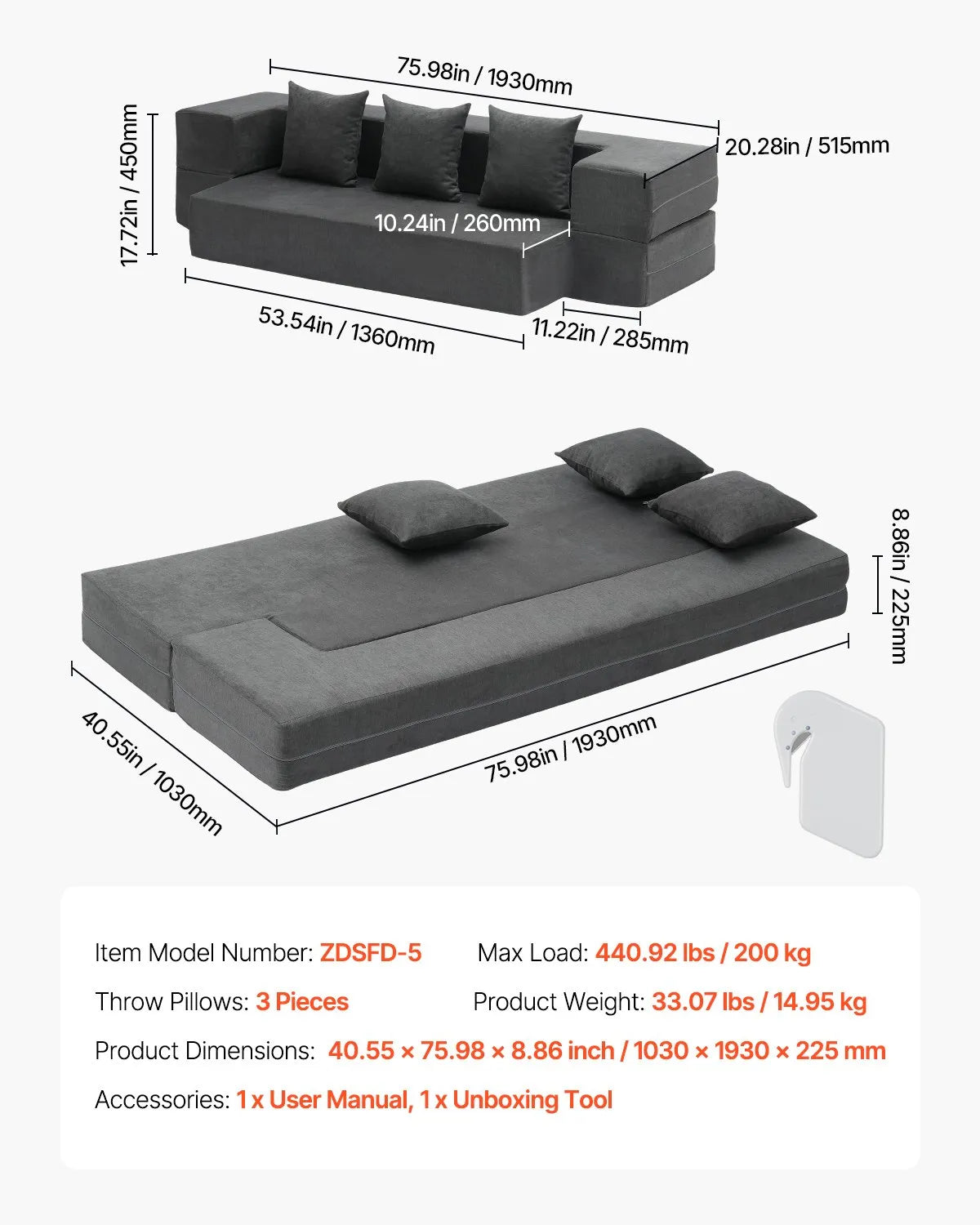 VEVOR Folding Sofa Bed 3-in-1 Foldable Couch Bed with 3 Pillows Dark Grey Twin