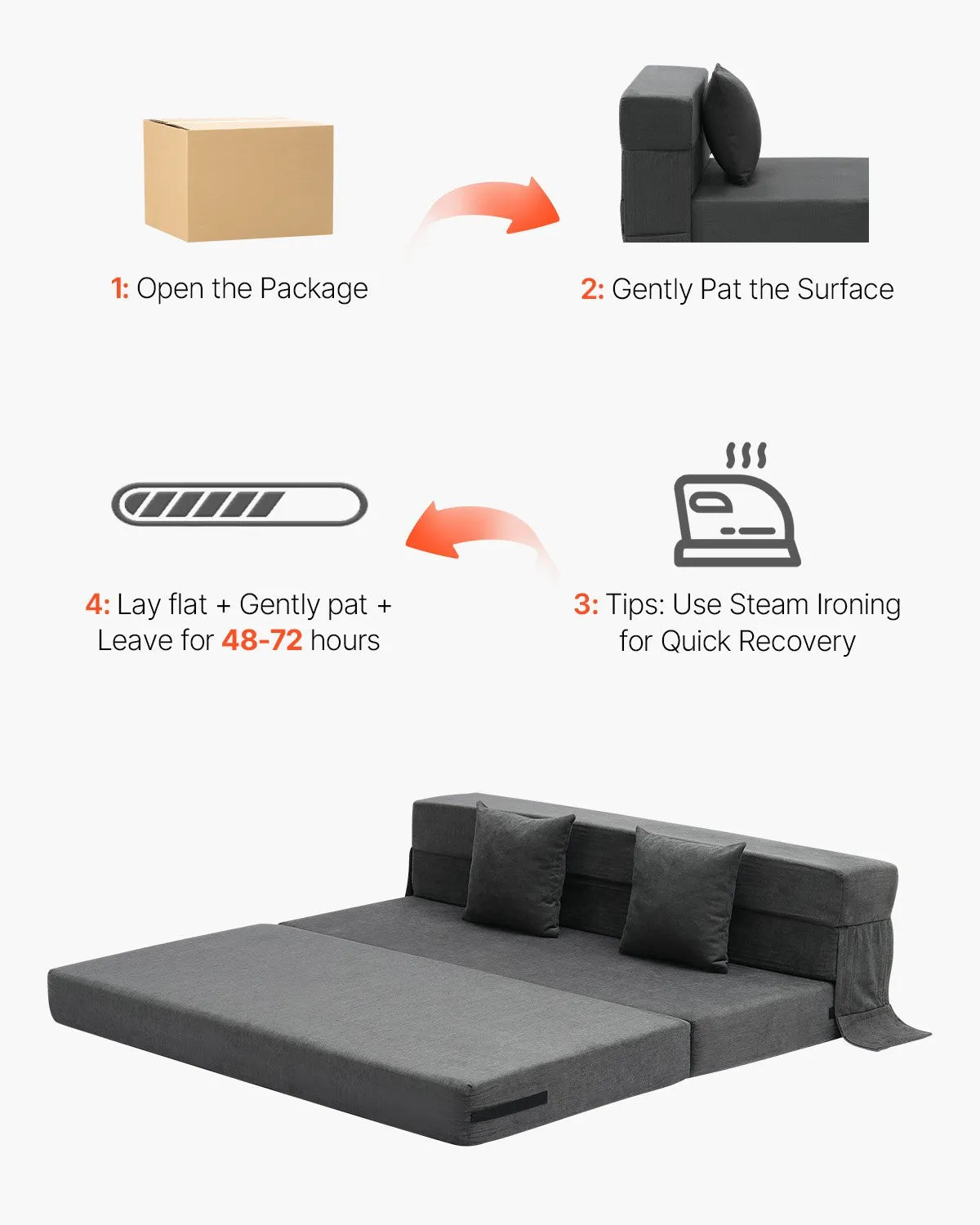 VEVOR Folding Sofa Bed 3-in-1 Foldable Couch Bed with 2 Pillows Dark Grey Queen