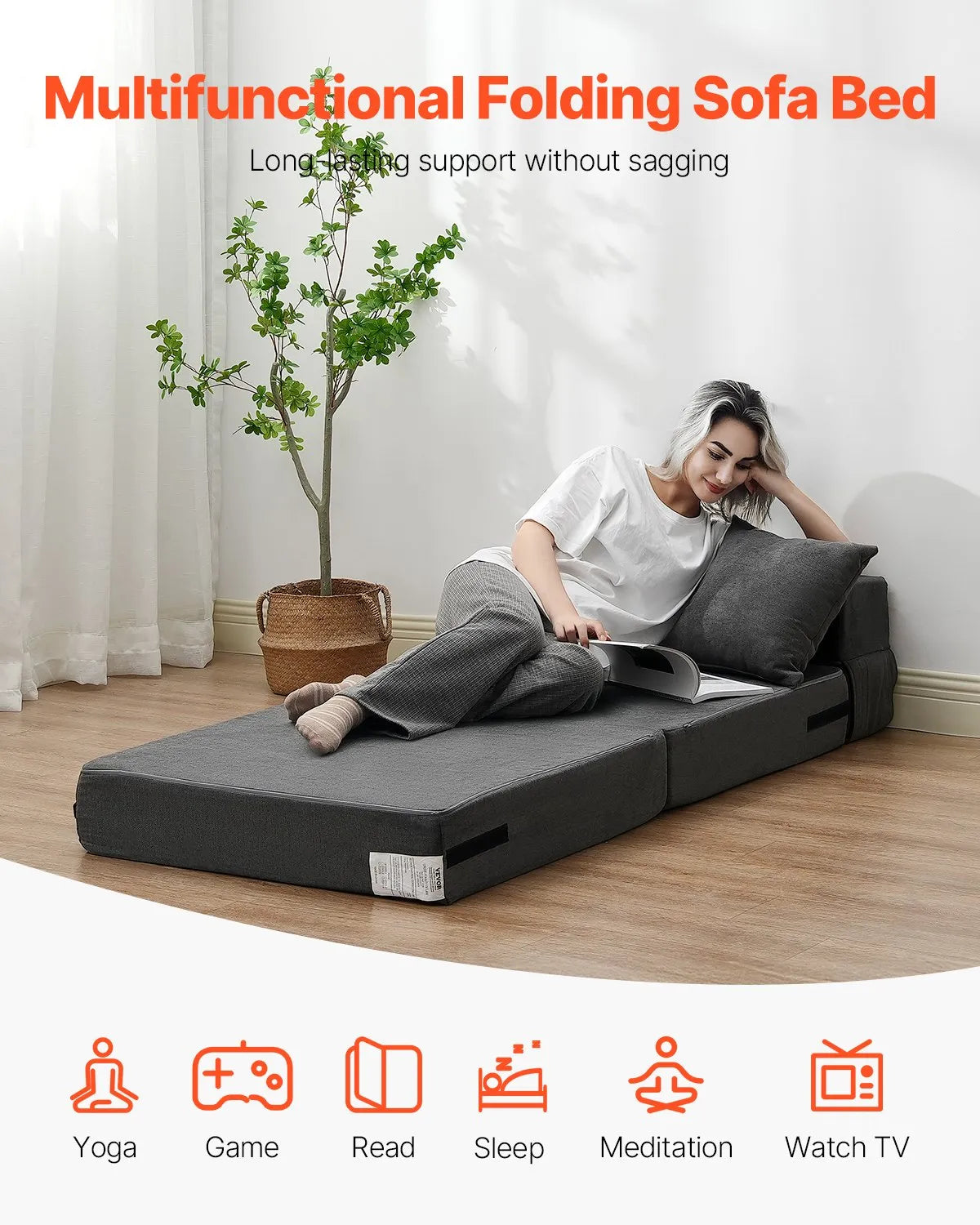 VEVOR Folding Sofa Bed 3-in-1 Foldable Couch Bed with 2 Pillows Dark Grey Single